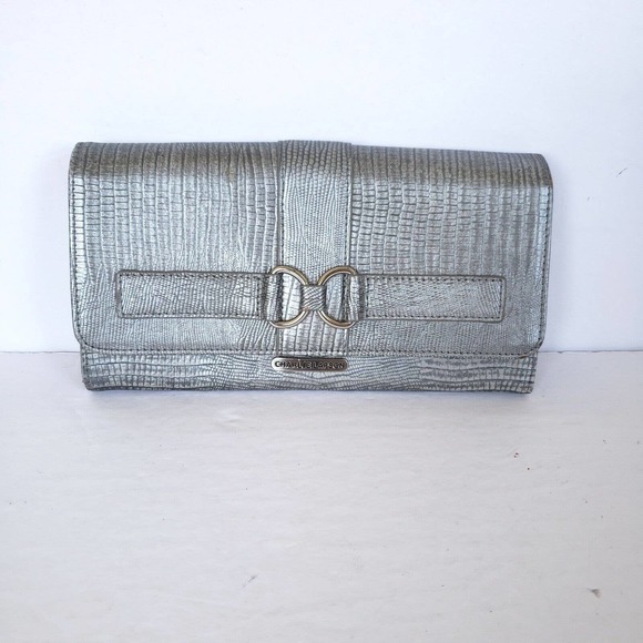 Charlie Lapson Handbags - Charlie Lapson Embossed Snake Faux Leather Silver Clutch Purse Wallet Metalic
